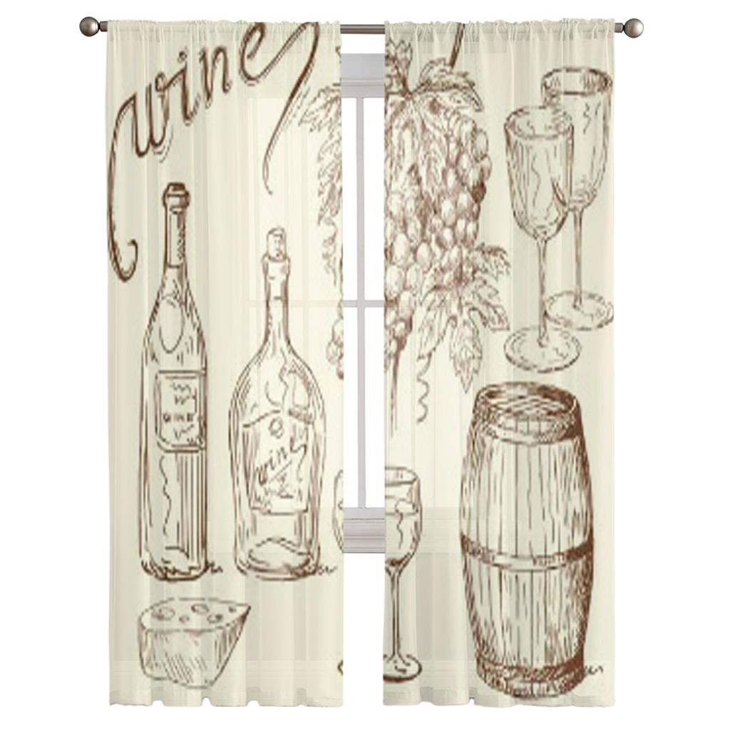 Cortinas transparentes com rabiscos de vinho para sala de estar, tratamentos de janela de tule transparente, quarto, cozinha, decoração de casa, cortinas de véu