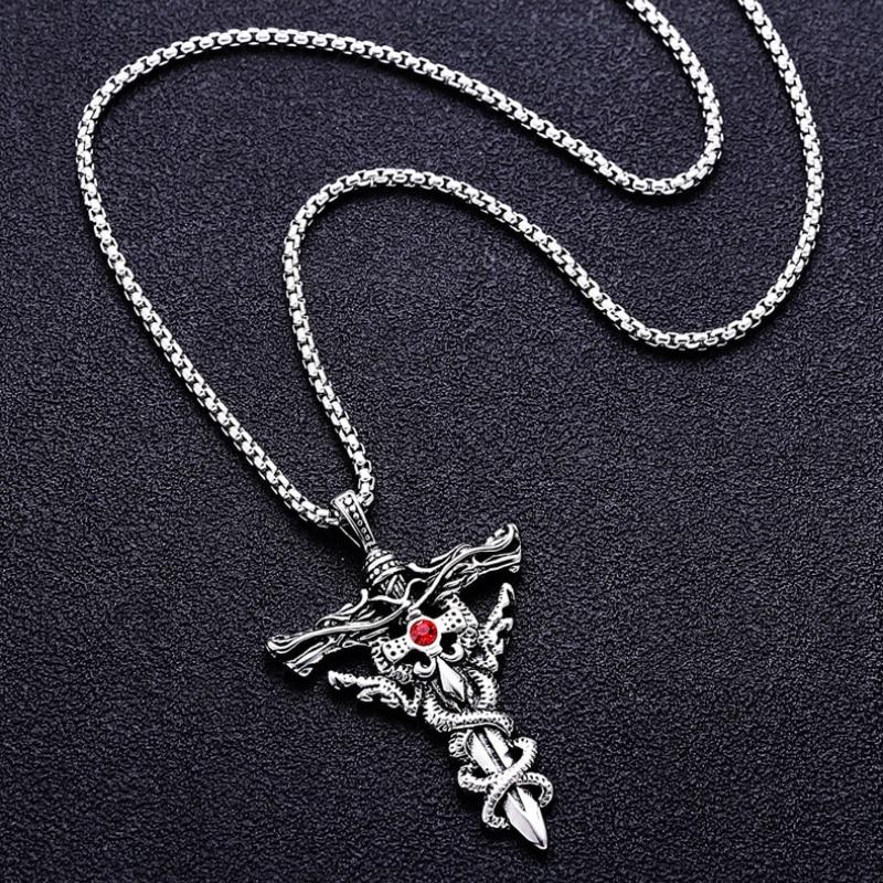 Stainless Steel Jewelry Double Dragon Sword Titanium Steel Pendant Necklace Pendant Retro Punk Cross Transit Chic Fashionable Male AccessoriesFashion