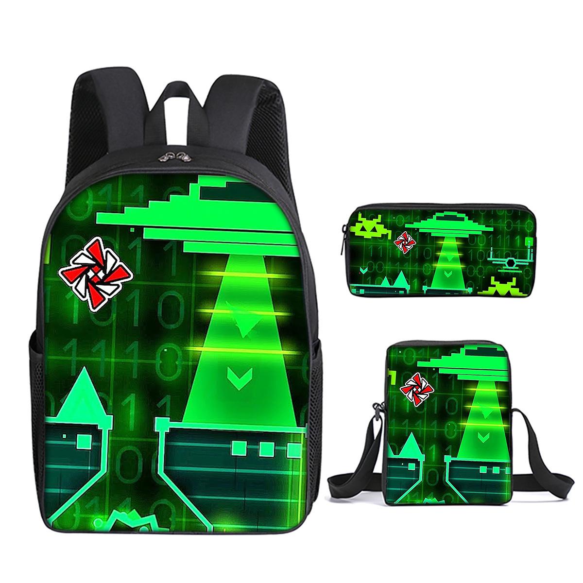 Klassiek Populair Geometry Dash 3D Geprint 3 stuks/Set leerling Schooltassen Laptop Dagrugzak Rugzak Schuin gedragen schoudertas Etui