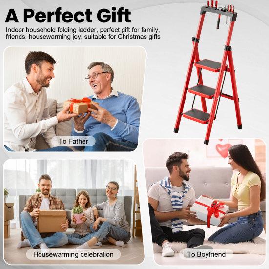 3 Step Ladder Ladder, Portable Steel Folding Stool with Tool Platform, Wide Anti-Slip Pedal and Feet for Household, Office, Iron Construction,