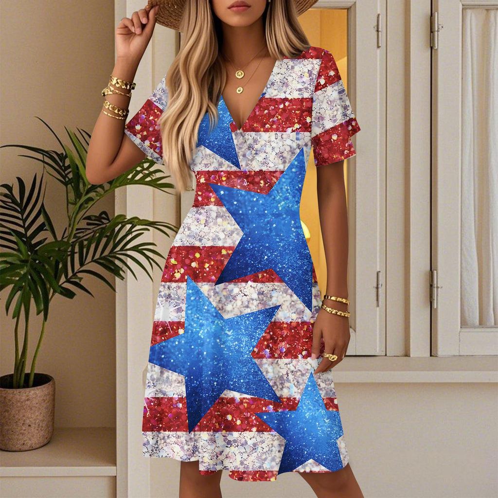 Women's Summer Fashion Independence Day Printed Dress Casual Beach A-line V-neck Loose Sundress