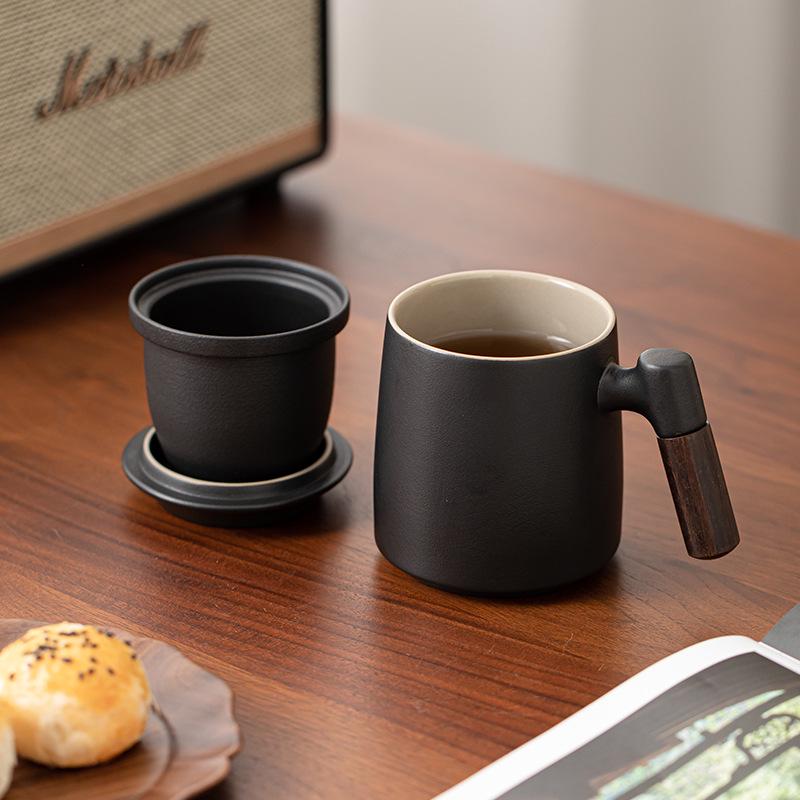 Black Pottery Ceramic Mug with Lid and Liner - Tea & Water Separation Cup, Ideal Office Gift