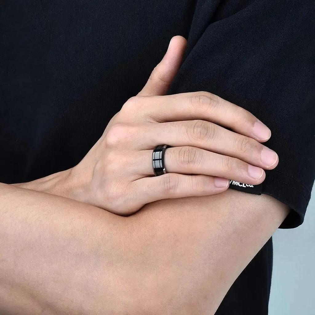 Fashion 8mm Black Stainless Steel Rings For Men Double Groove Beveled Edge Men Engagement Ring Wedding Anniversary Jewelry Gifts