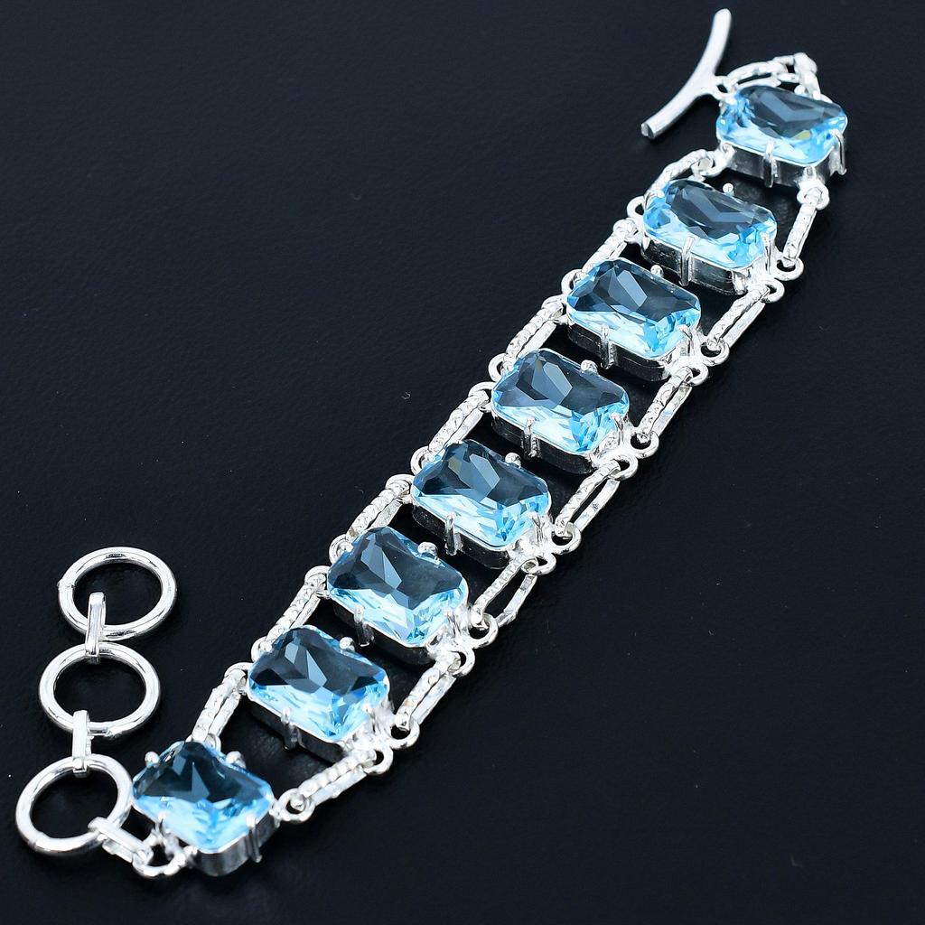 Faceted Aquamarine Bracelet 925 Sterling Silver Jewelry Adjustable Chain Bracelet Cushion Shape Gemstone Handmade Jewelry Gift For Her
