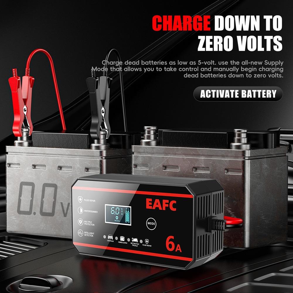 EAFC 12V 6A Smart Battery Charger, Pulse Repair Charger for Car and Motorcycle Lead-Acid Batteries