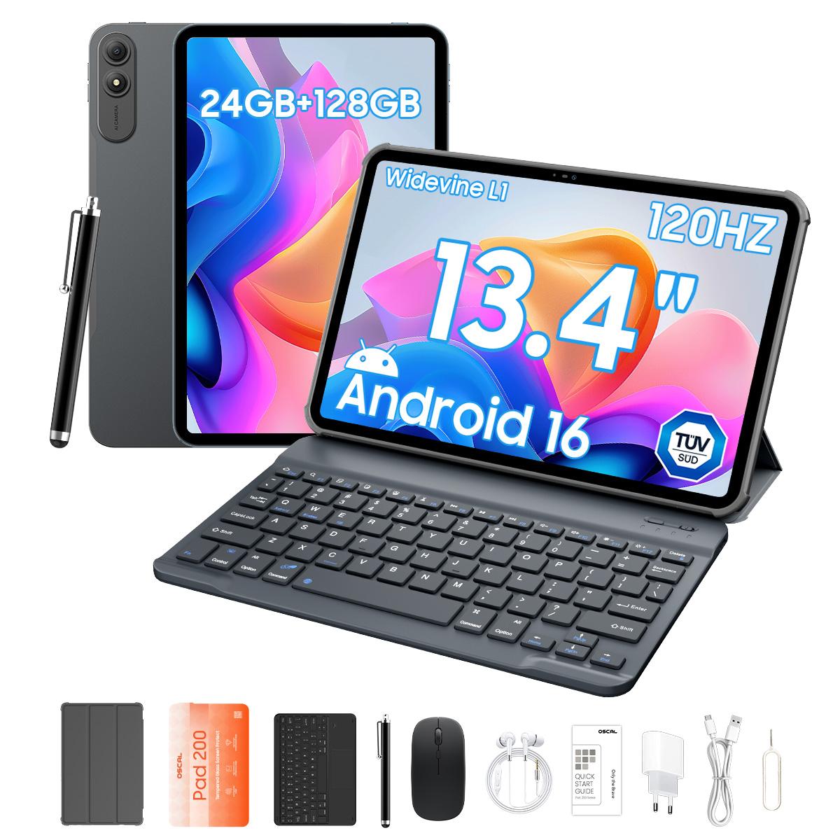 Oscal Pad 200 13.4' Android 16 Ai Set Tablet 120Hz Display, Unisoc T7280, 24GB Ram 256GB Rom Tot 2TB, DokeOS 5.0, 8MP+16MP Camera 6+128 Grijs