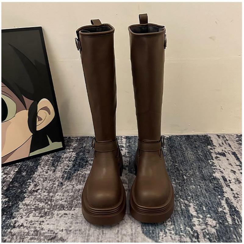 

Модные осенне-зимние женские ботфорты до колена, лаконичные слипоны, обувь на толстой подошве, женские винтажные ковбойские боты в западном стиле 35 коричневый