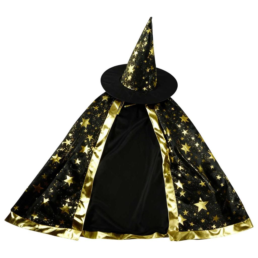 Children's Magic Wizard Cloak and Hat Set Star Pattern Long Robe Costume Cape for Performance Dress Up and Role Play Accessories