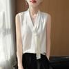 Spring and Summer New Style Smooth V-Neck Ribbon Sleeveless Backless Blouse for Women - Pure Color Pullover Design Top