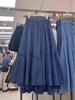 Women's Autumn High-Waist Midi Denim Skirt with Ruffle Patchwork
