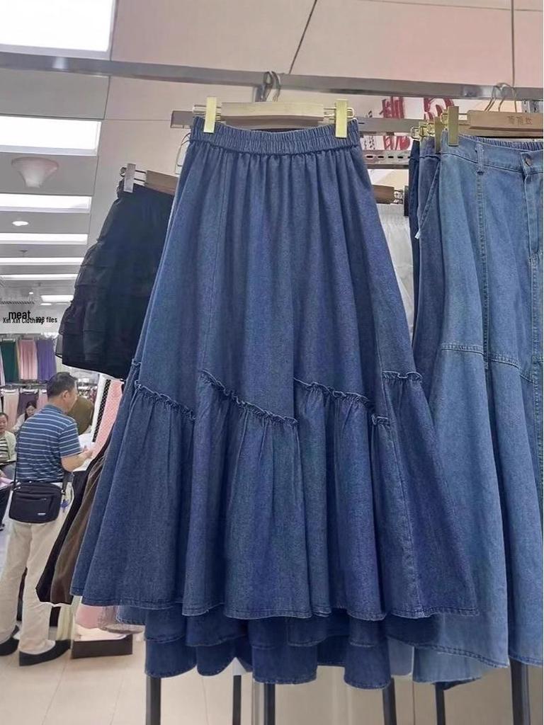 Women's Autumn High-Waist Midi Denim Skirt with Ruffle Patchwork