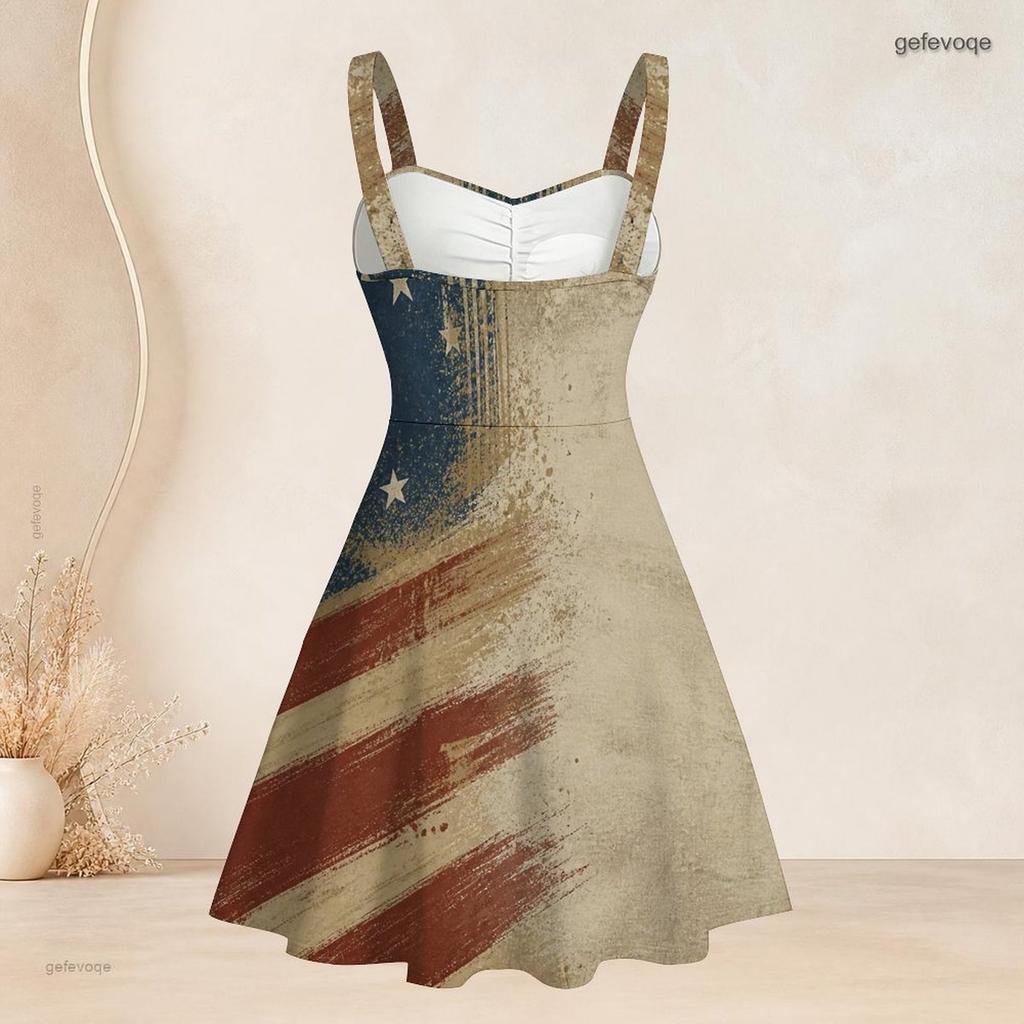 Women Plus Size Off Shoulder Strappy Sleeveless Vintage American Flag Printed Fitted Waist Flared Dress