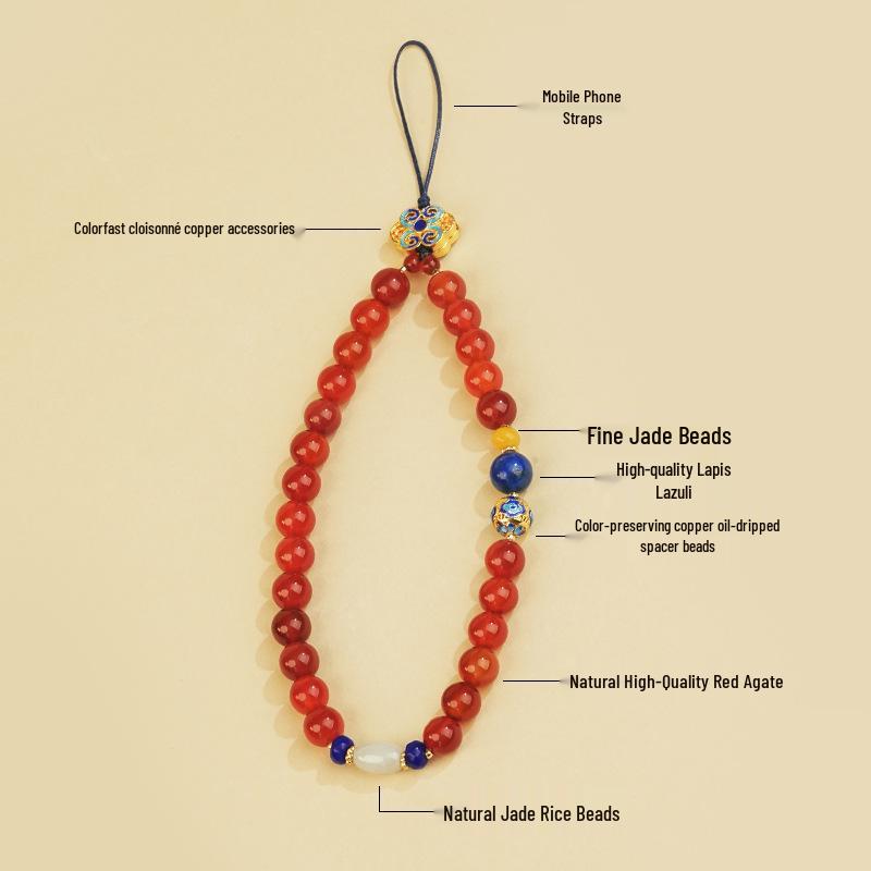 Ran Pu Chinese Style Women's Phone Lanyard - Natural Red Agate, Anti-Lost Design