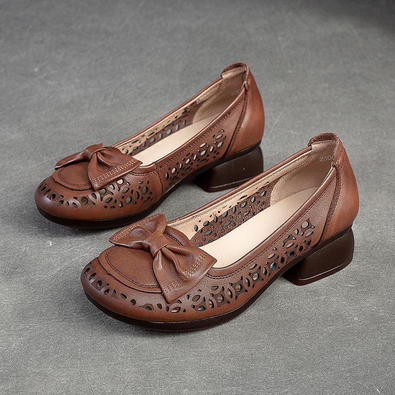 Johnature Sandale retro din piele naturală cu toc gros, cu vârf rotund, cu scobire, pantofi confortabili