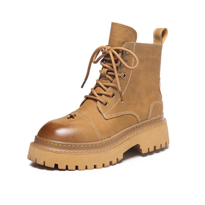 Leather platform Martin boots women's new British style cowhide 2025 spring and autumn single boots locomotive versatile velvet women's short boots