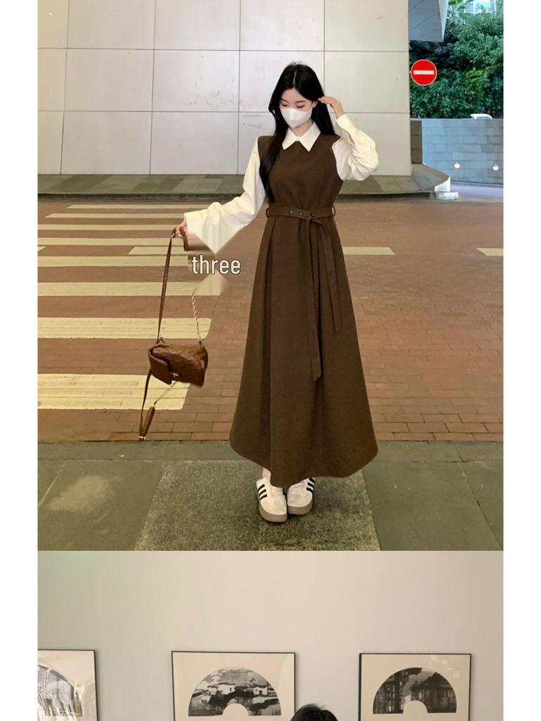 French-Style Two-Piece Long-Sleeve Plus Size Elegant Spring Dress with Waist-Cinched Skirt
