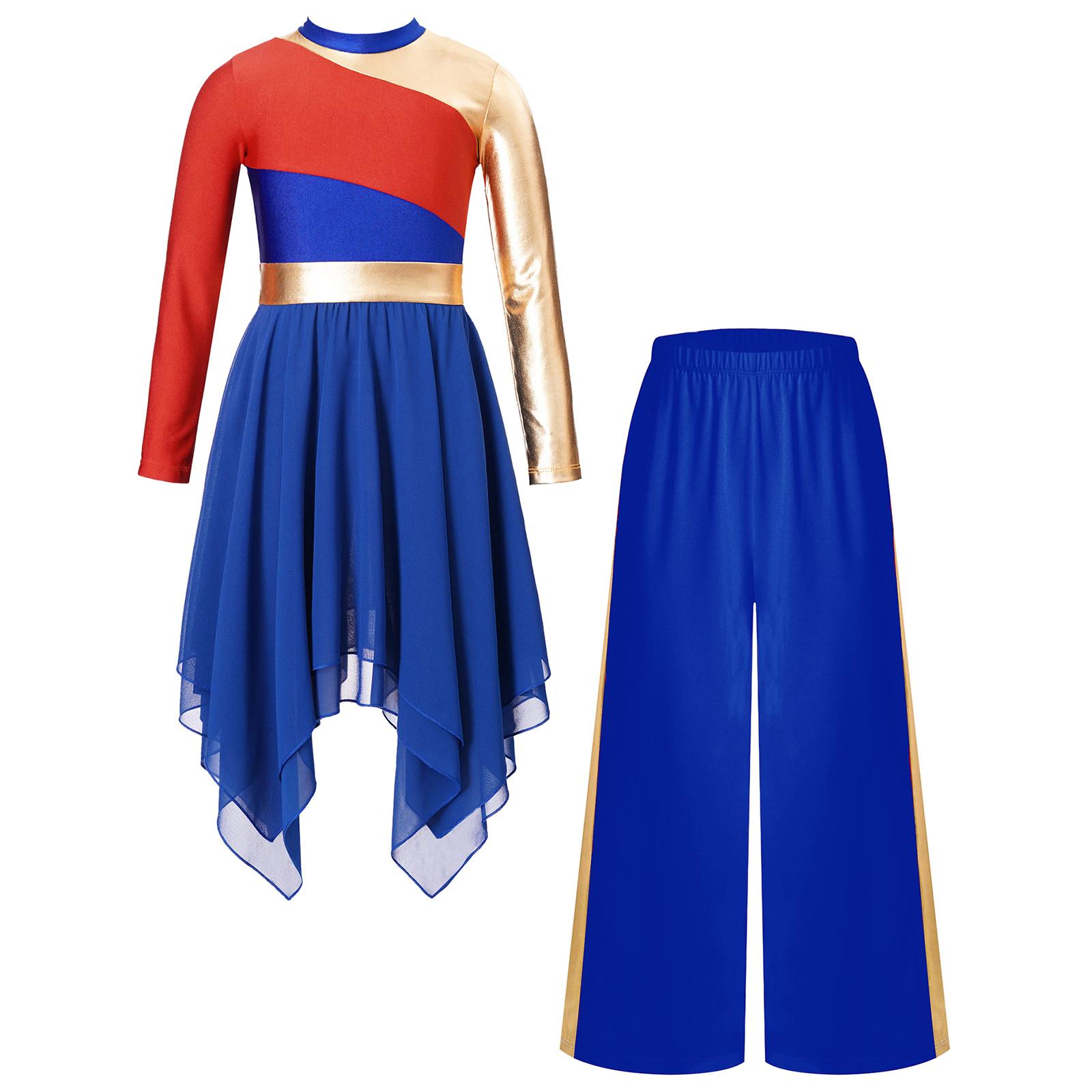 

Girls Praise Worship Dance Costume Set Long Sleeve Asymmetrical Chiffon Contrast Color Dress Wide-Leg Pants 5-6 Years королівський синій колір