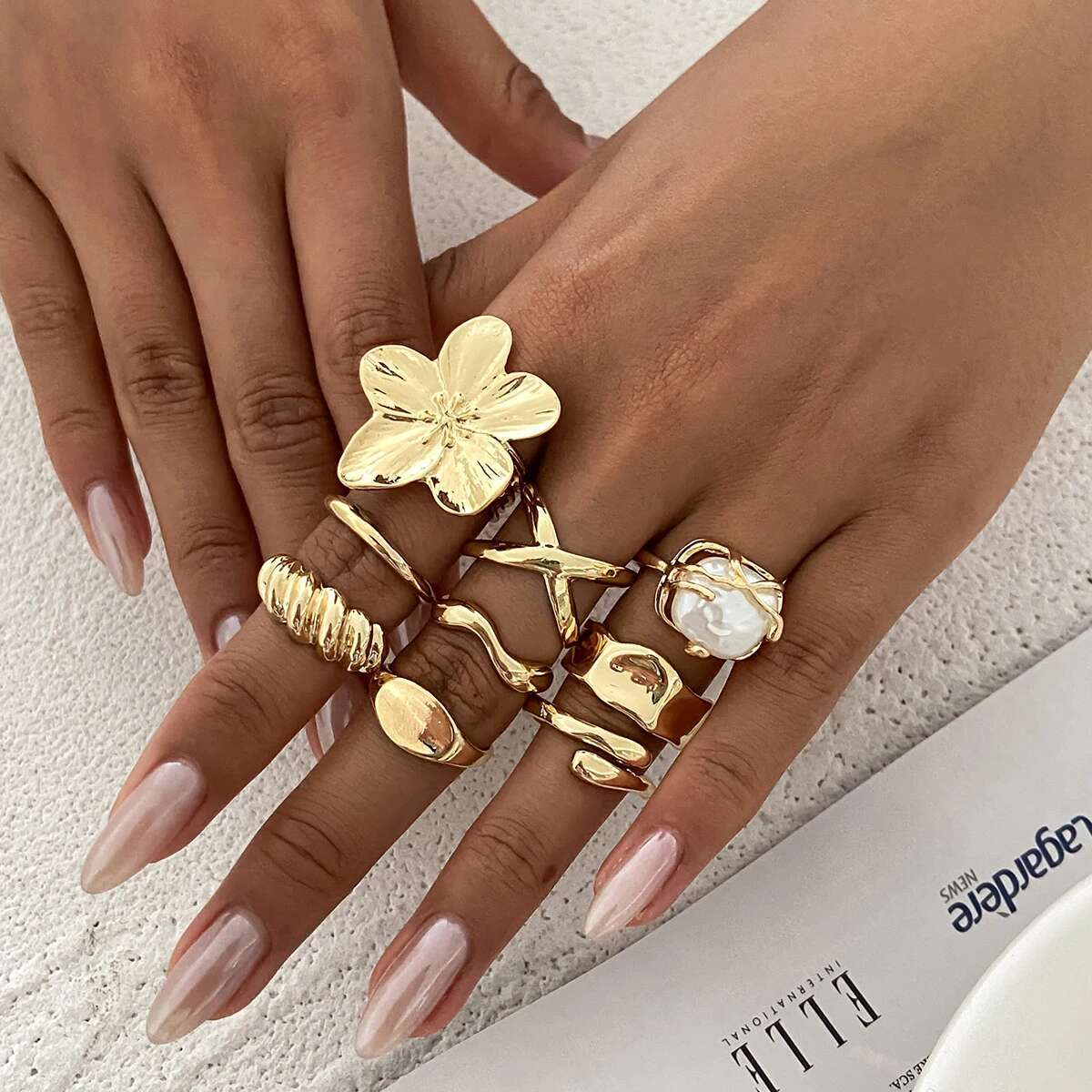 

Ingemark 9Pcs/Set Vintage Elegant Imitation Pearl Flower Rings Women Creative Irregular Open Finger Ring Wedding Banquet Jewelry