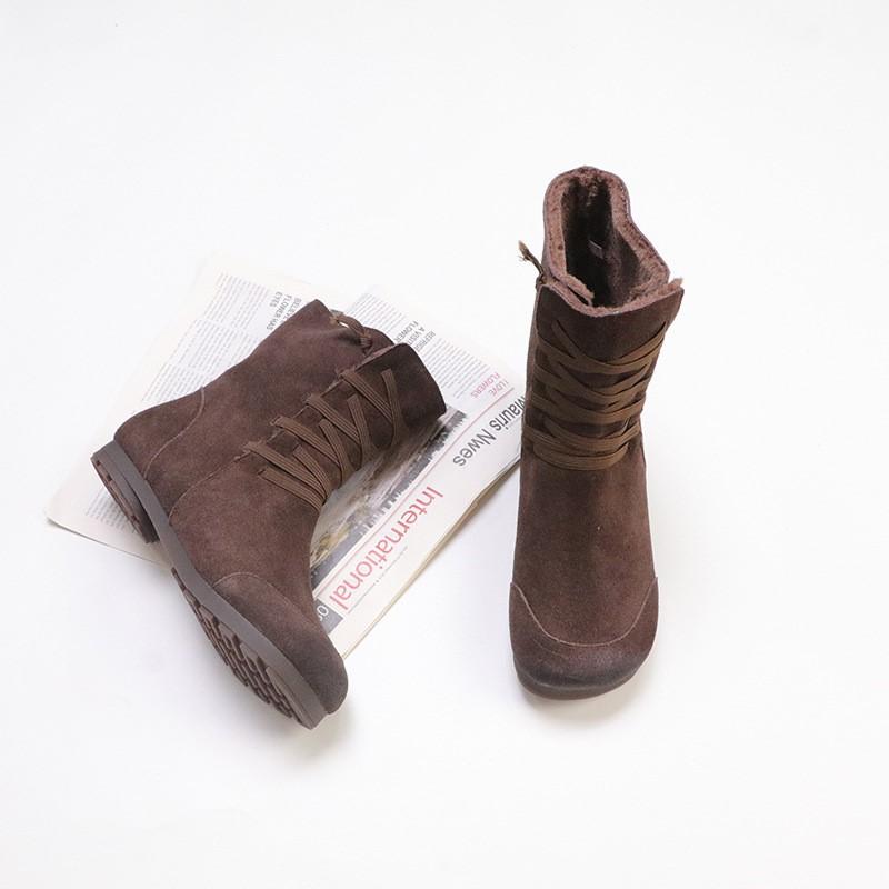 Johnature Plush Cow Suede Plush Women's Mid-calf Boots Retro Lace-up Warm Flat Bottom Snow Boots
