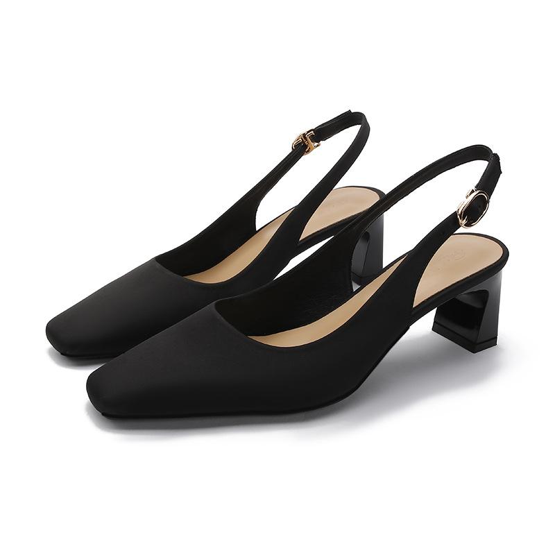 

Сандалии на высоком каблуке с квадратной головкой, женские туфли с застежкой-молнией сзади, средний каблук, новинка 2025 года, высококачественная женская обувь Xiaoxiangfeng 34 чёрный