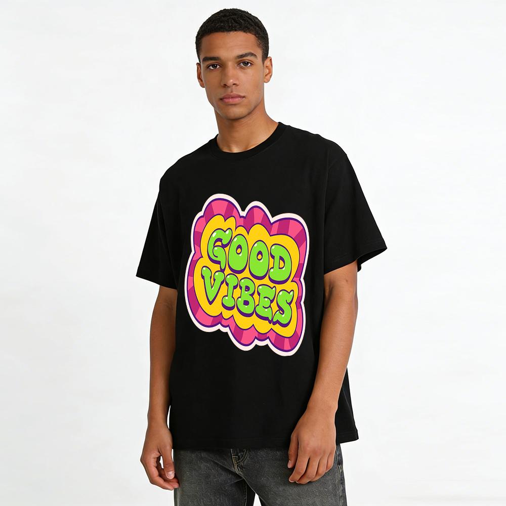 Good Vibes Graphic Print Casual T-shirt Unisex Loose Fit Retro Style Daily Wear Top Pure Cotton T-shirt
