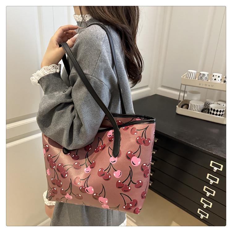 Cherry Print Large Capacity Tote Bag Faux Leather Shoulder Handbag Trendy Street Style Commuter Purse for Women