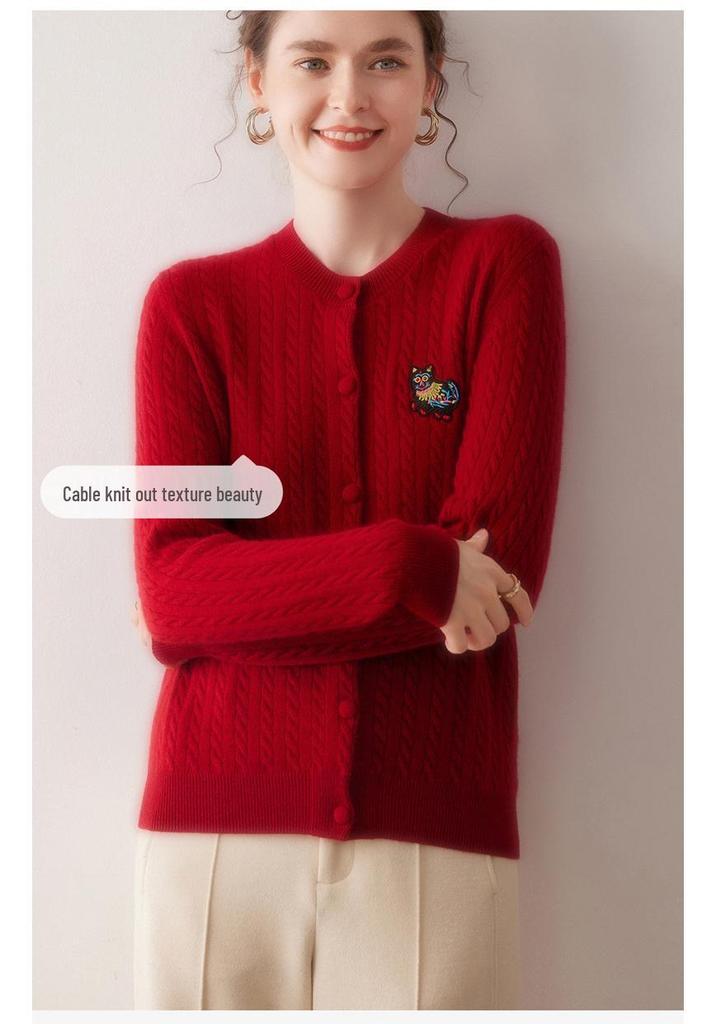 2025 A/W 100% Pure Cashmere Cable Knit Embroidered Cardigan