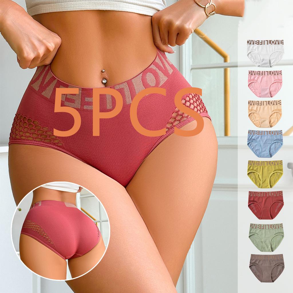 Women Seamless Mesh Hollow Out Letter Wide Waistband Sports Hip Lifting Underwear Five Pieces Set Comfortable Breathable Fabric