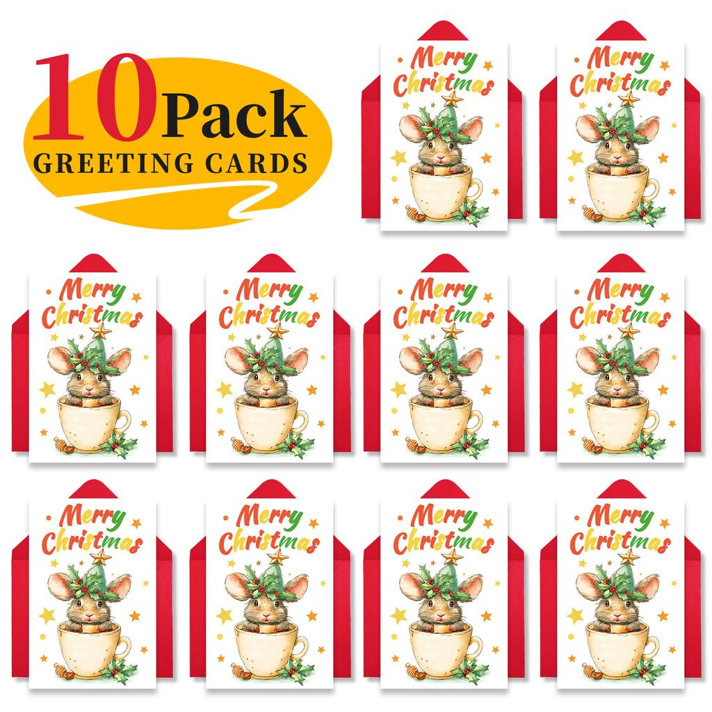 10PCS Cute Cartoon Christmas Greeting Cards Set with Envelopes, Large Size Hand-drawn Xmas Cards for Holiday Wishes & Gifts