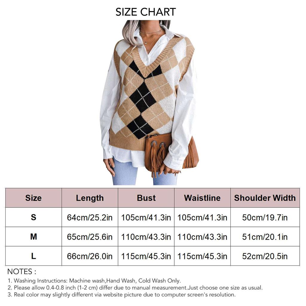 Damen Ärmellose Strickweste V-Ausschnitt Karomuster Locker Lässig Stilvoll Hautfreundlich Pullover Strickweste für Herbst und