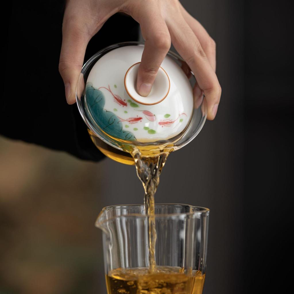Chinese Hand-Painted Gaiwan Tea Set with Borosilicate Glass and Mutton Fat Jade White Porcelain