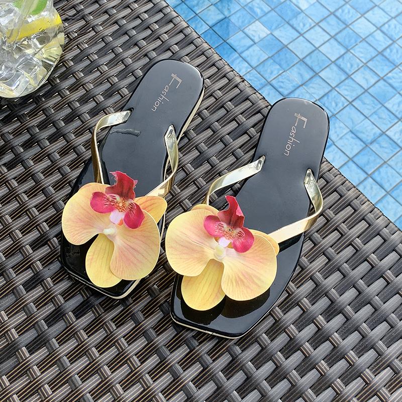 Mode Blume Damen Dekor Einzelband Flache Sandalen Mode Sexy Offene Zehen Outdoor Pantoletten Luxuriöse Büro Damen Party Schuhe