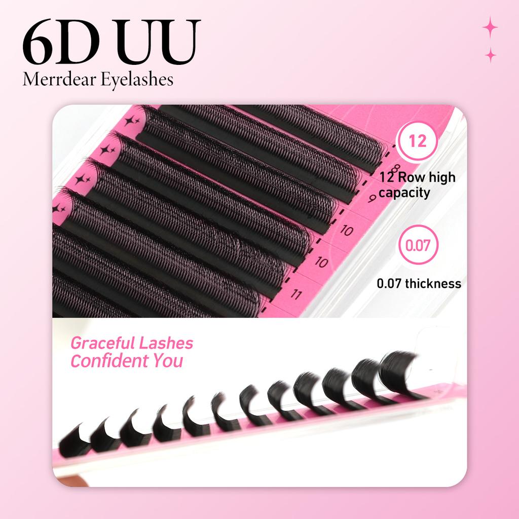 Merrdear U 6D Lashes Extensions Matte Black U Shaped 6D Eyelashes Extensions U Lashes Premade Volume Fans False Eyelashes