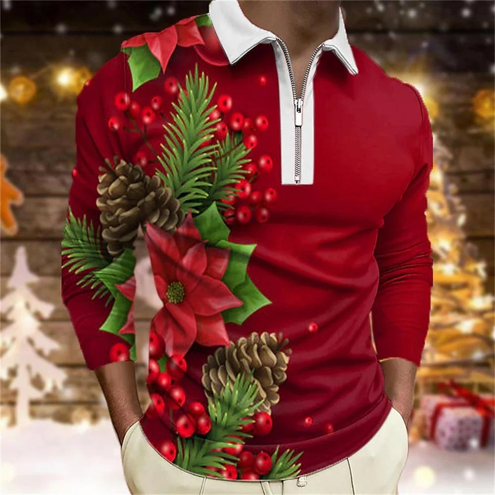 Father Christmas cartoon pattern digital 3D printing polo shirt large size loose men's zip lapel shirt