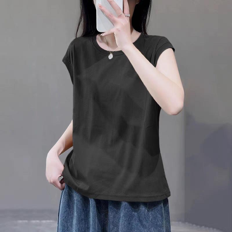 

Literary retro solid color summer new casual round neck short-sleeved top loose and versatile foreign T-shirt women M чорний
