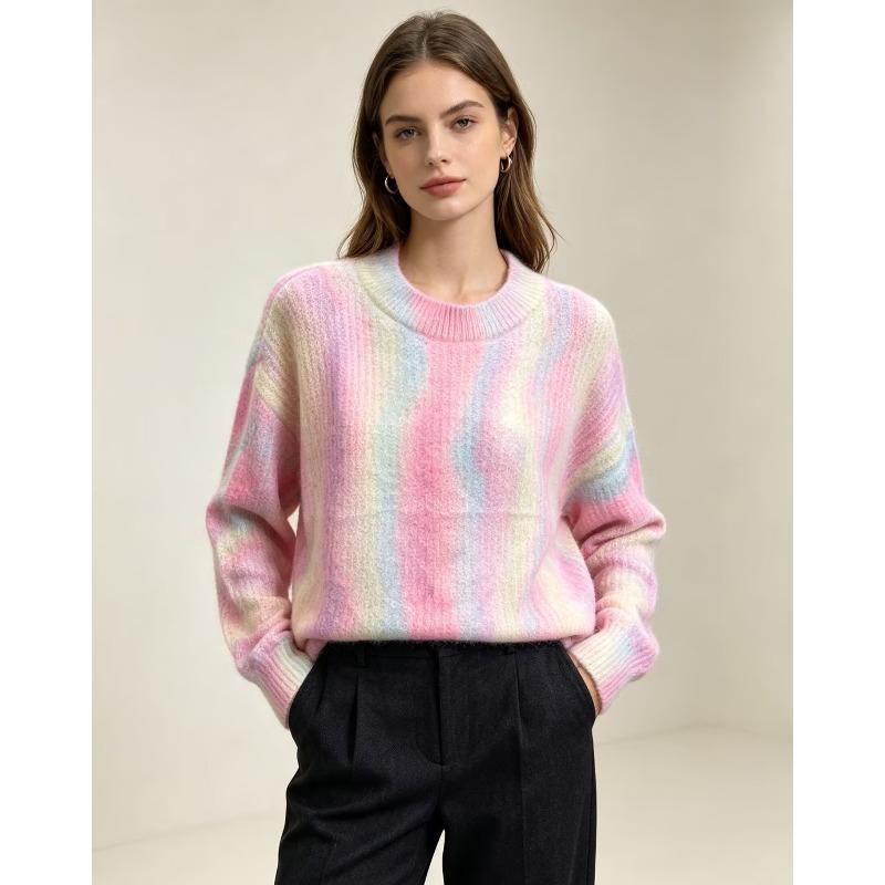 2026 Autumn Women Colorful Sweaters Knitting Basic Fashion O-Neck Style Loose Pullover Sweater