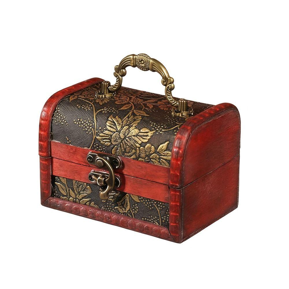 Vintage Treasure Chest Mini Trinket Box Portable Wooden Jewelry Box Cosmetics Organizer