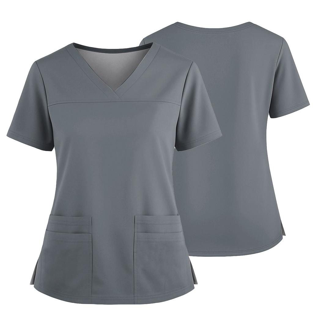 Women's Uniform Color V-Neck Pocket Side Slit Uniform Short Sleeved Top Top