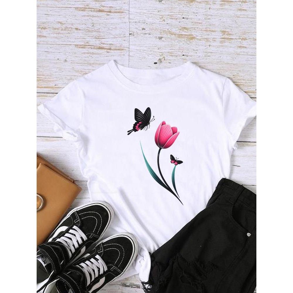 Style Flower Trend Clothing Graphic T-shirts Lady Short Sleeve T Shirt Women Print Female Fashion Clothes Casual Tee
