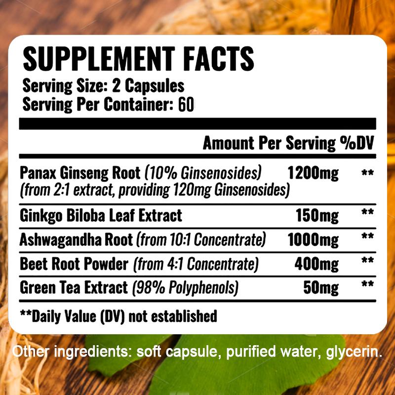 Bcuelov Korean Ginseng Capsules 2800mg with Ginkgo Biloba Leaves and South African Drunken Eggplant to Boost Energy and Endurance 120 Capsules