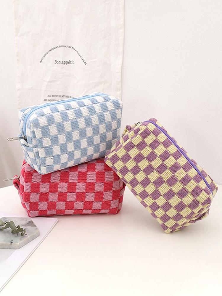 Ins Checkerboard Knitted Pencil Case Big Capacity Pen Bag Zipper Stationary
