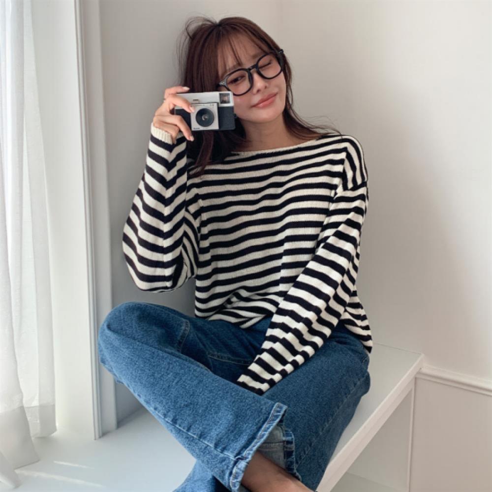 New Arrivals Open Run Women Casual Stripe Oversized Lip Neck Long Sleeve Knit