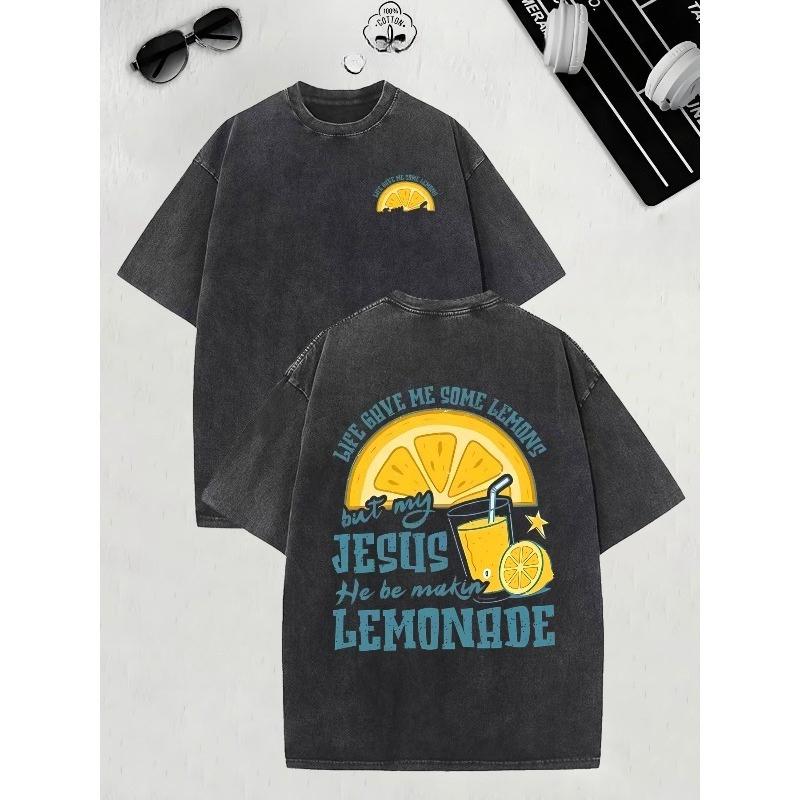 Men s Heavyweight Vintage Lemonade Print T-Shirt - Oversized Retro Lemon & Jesus Lemonade Back/ Front Design, Distressed Washed Short Sleeve Tee, S чёрный