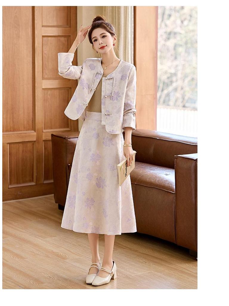 Set Jachetă și Fustă Retro Chinezesc Jacquard cu Nasturi Broască pentru Femei 2025