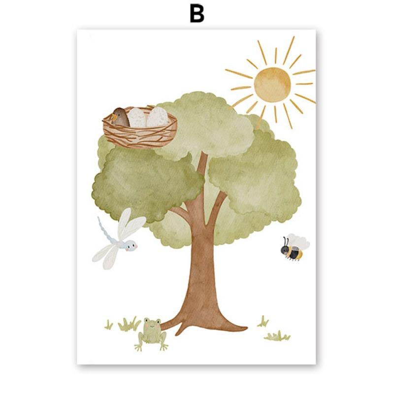 Boho Bear Fox Bird Tree Cabin Mushroom Flower Wall Art Canvas Painting Cartoon Posters And Prints Pictures Baby Kids Room Decor
