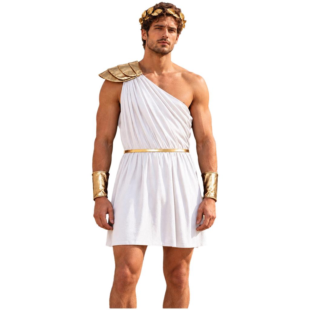Men One Shoulder Greek Costume Toga Jumpsuit with Tiered Epaulet Elastic Waist Detachable Belt Cuffs Leaf Wreath for Stage Performance Cosplay