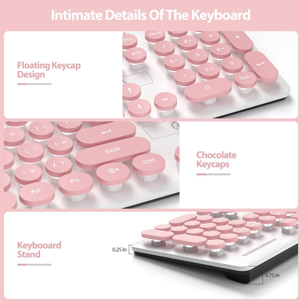 White US Layout Retro Typewriter Round 3 Brightness Full Numeric Silent for Pink & LightWired Keyboard, Style, Keycaps, Backlit, Levels, Size,