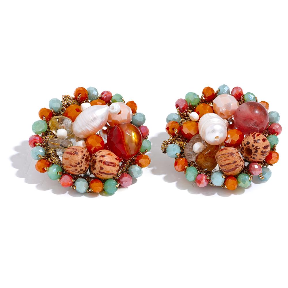 

Yhpup Crystal Wood Agate Natural Pearl Vintage Handmade Stud Earrings Colorful Trendy Stainless Steel Fashion Jewelry for Women