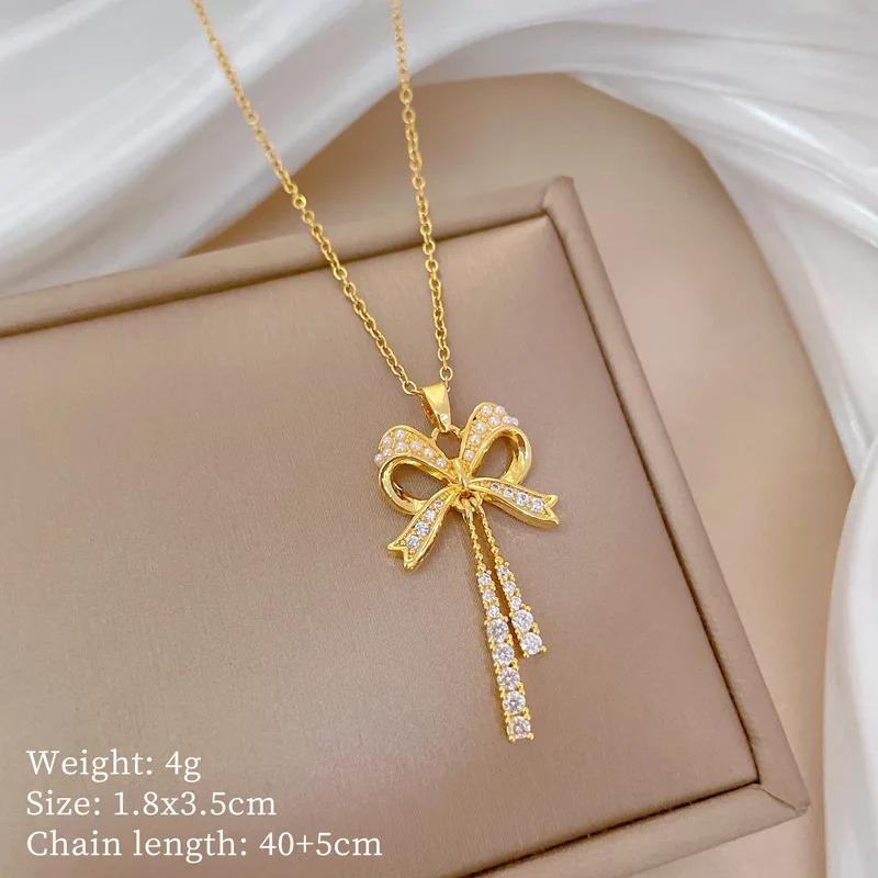 L316 Stainless Steel Beads Chain Hollow Bowknot Pendant Necklace for Women Niche Simple Jewery Accessory