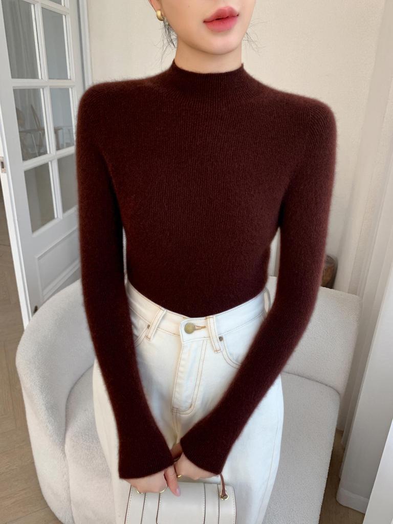 Women's Slim-Fit Cashmere Knit Top - Fashionable Half-High Neck, Casual Versatile Sweater
